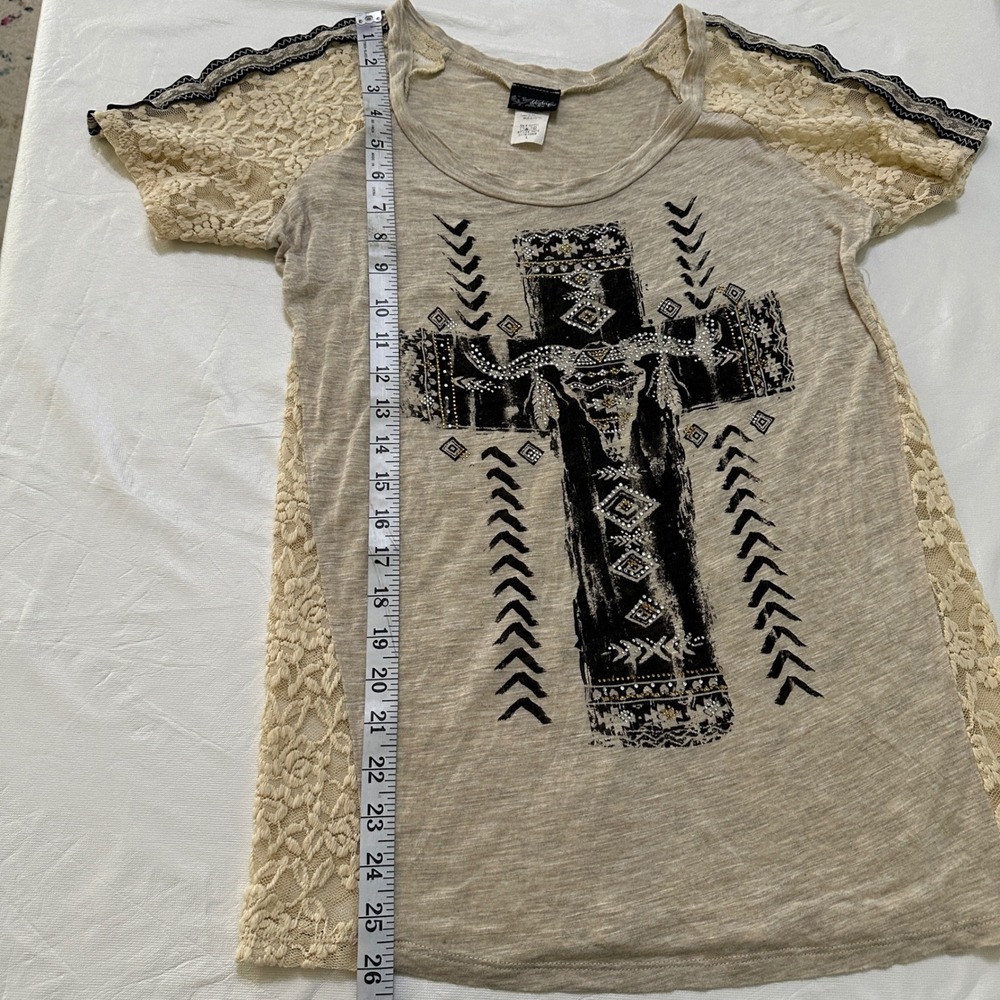 VTG Y2K Daytrip Graphic Tee Lace Women L Western Steer Skull Rhinestone Festival - Picture 6 of 10